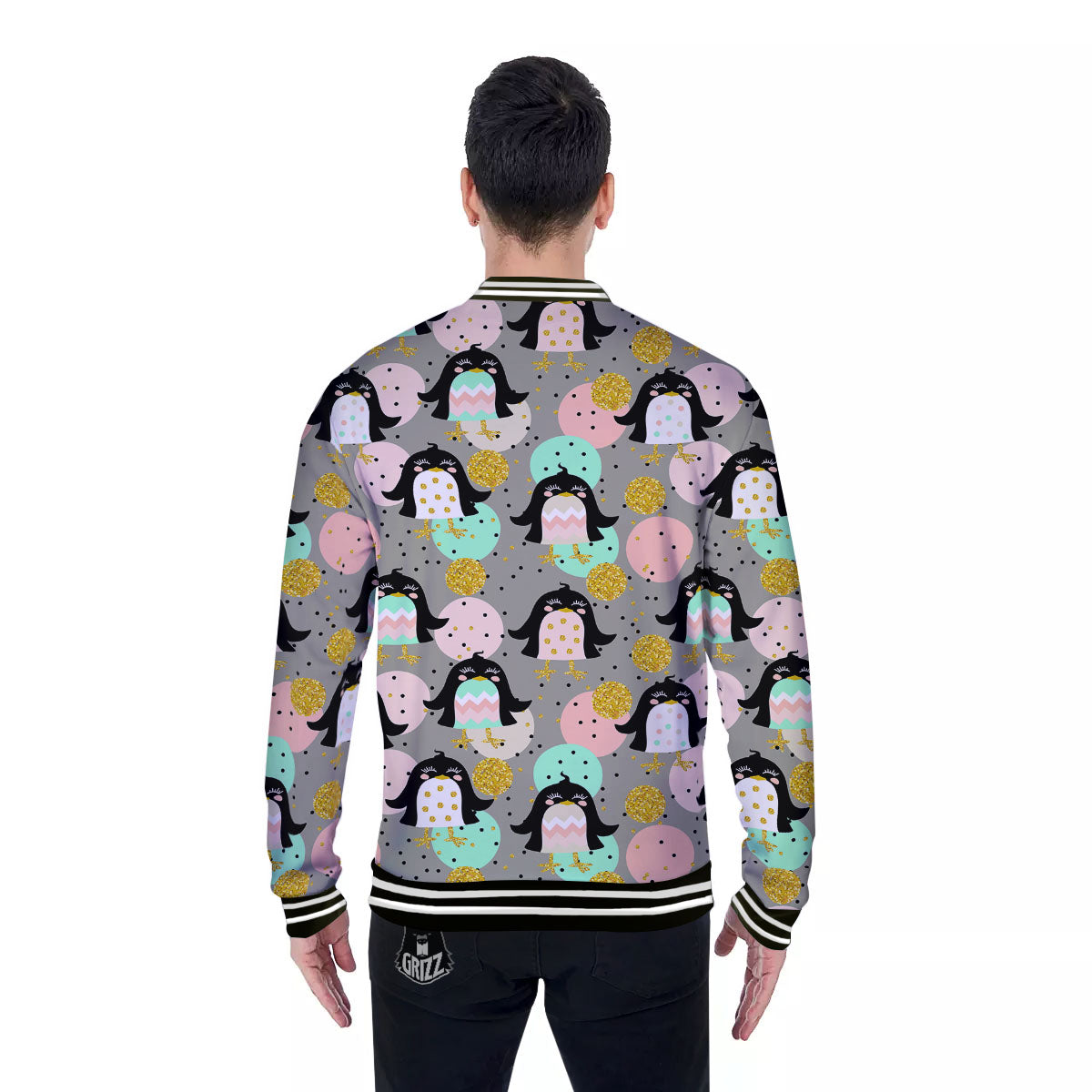 Penguin Pink Polka Print Pattern Baseball Jacket-grizzshop