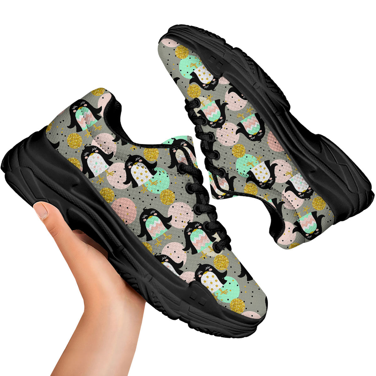 Penguin Pink Polka Print Pattern Black Chunky Shoes-grizzshop