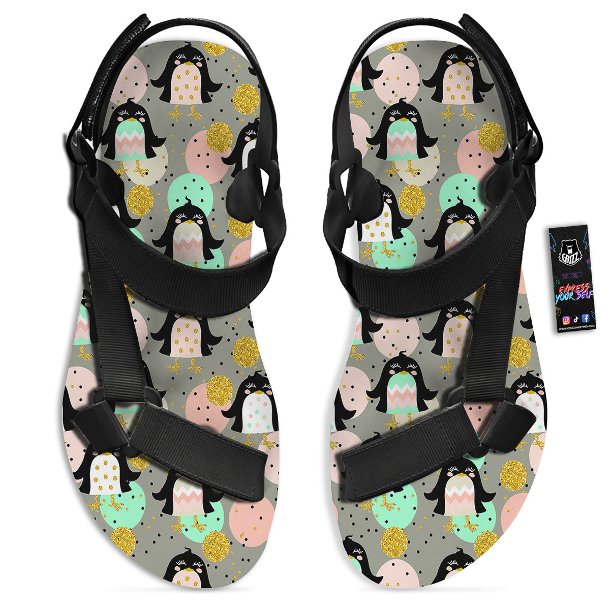 Penguin Pink Polka Print Pattern Black Open Toe Sandals-grizzshop