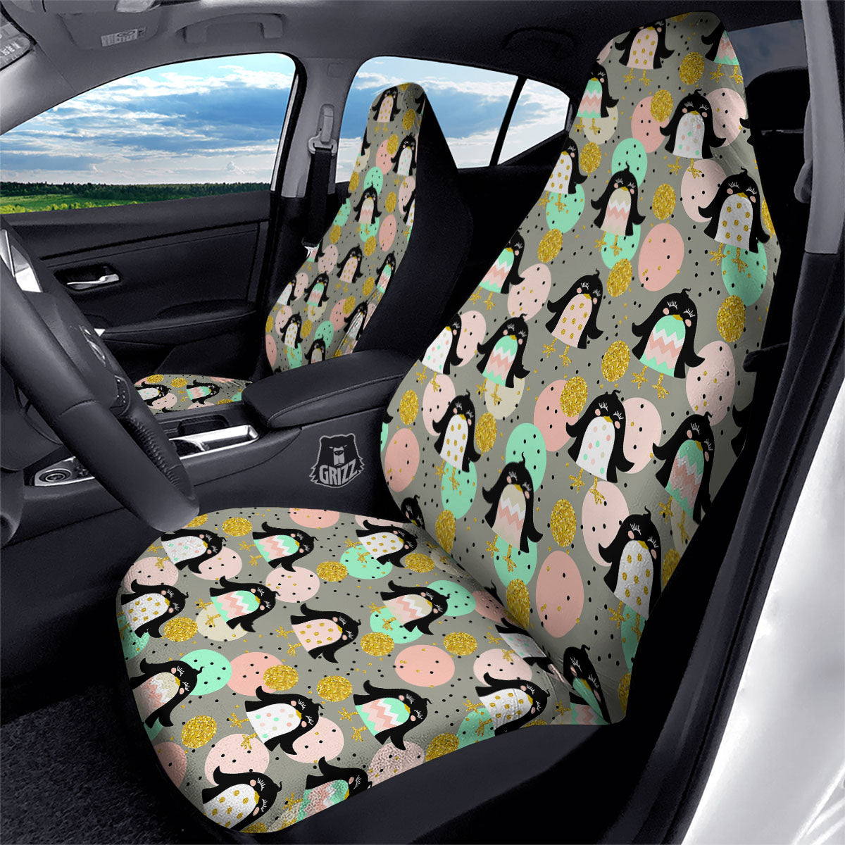 Penguin Pink Polka Print Pattern Car Seat Covers-grizzshop