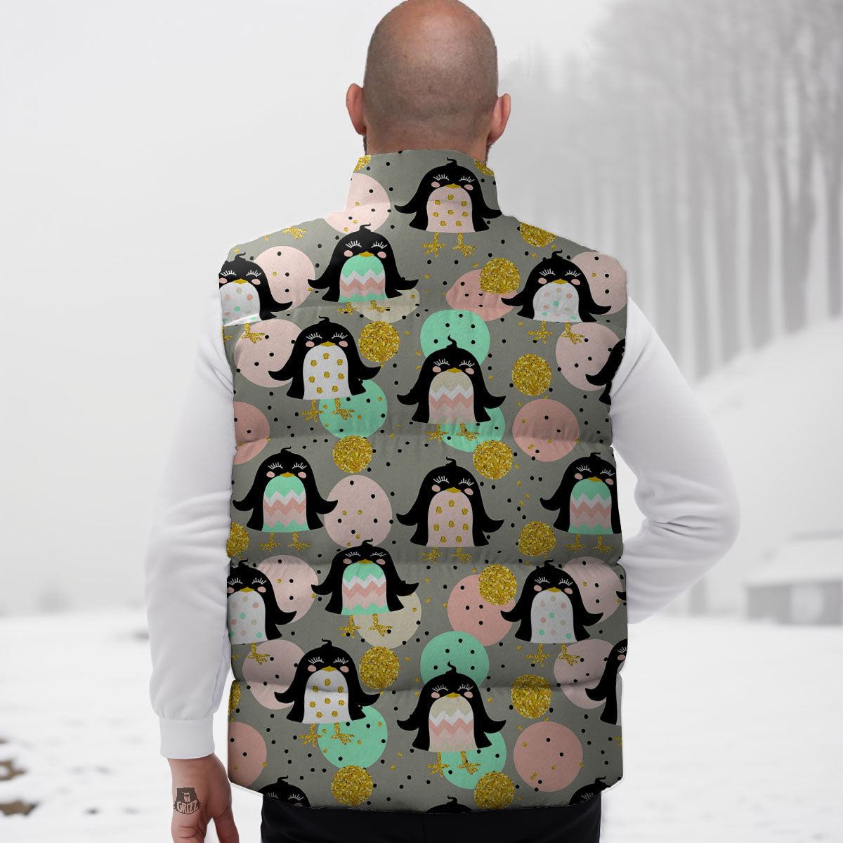 Penguin Pink Polka Print Pattern Down Vest-grizzshop