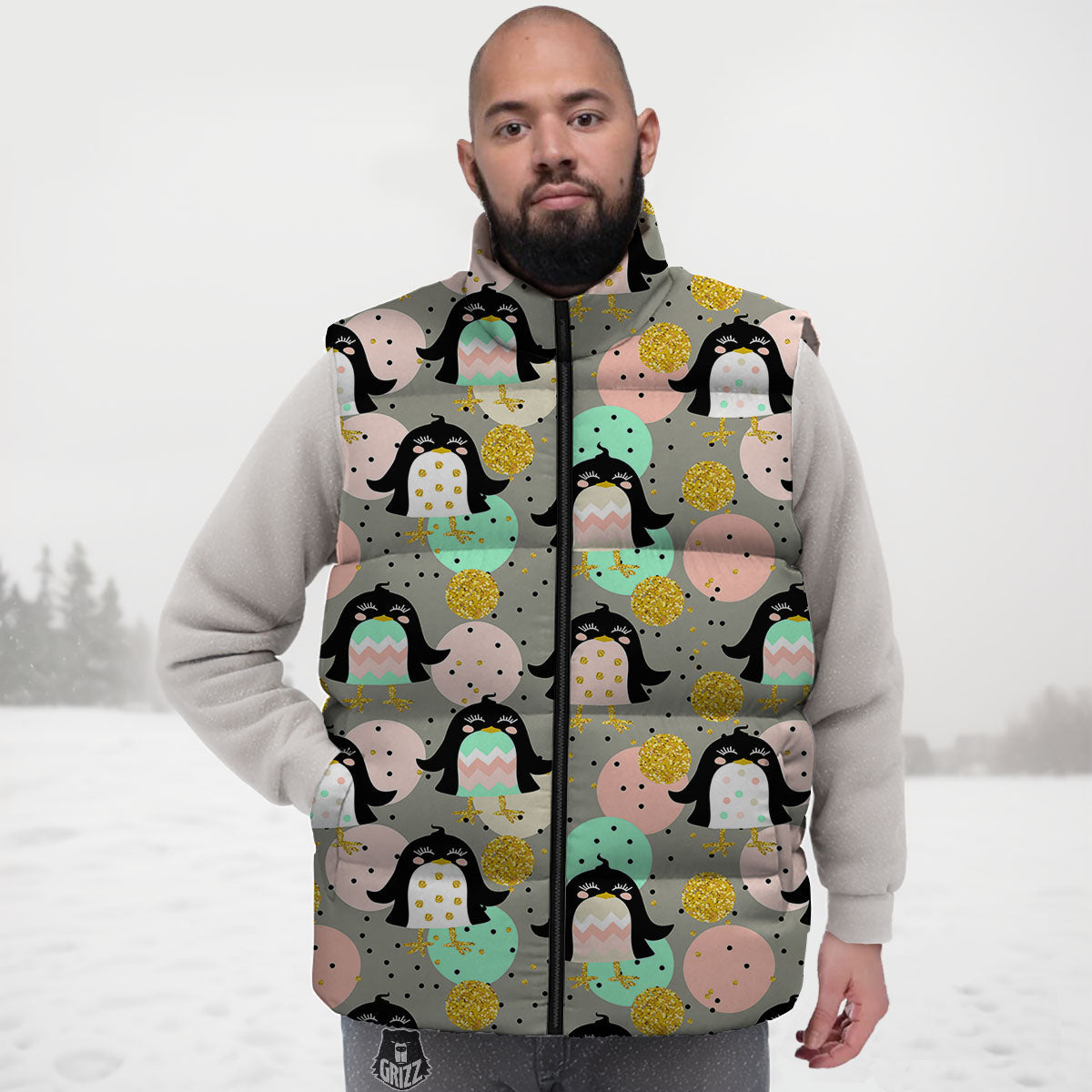 Penguin Pink Polka Print Pattern Down Vest-grizzshop
