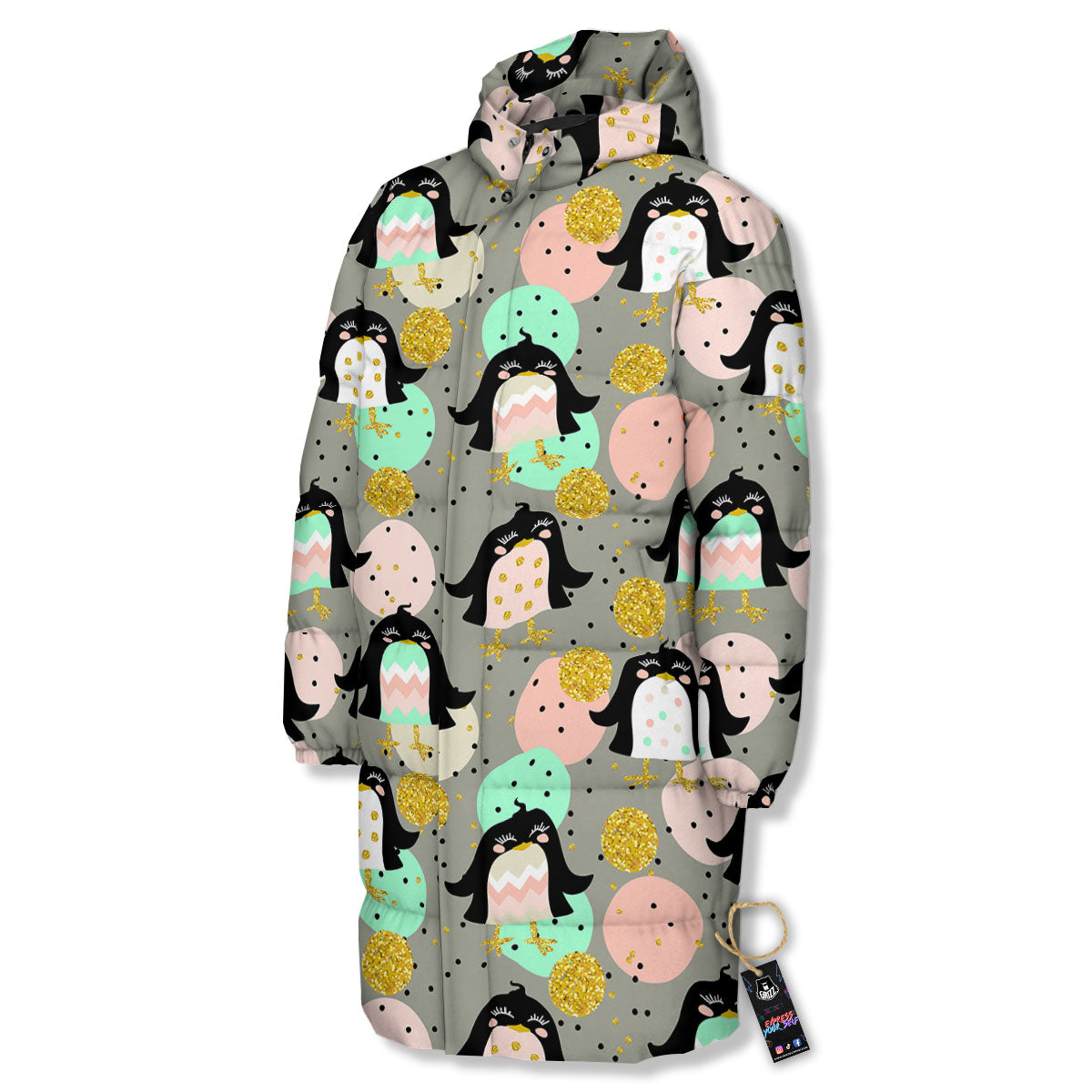 Penguin Pink Polka Print Pattern Long Down Jacket-grizzshop