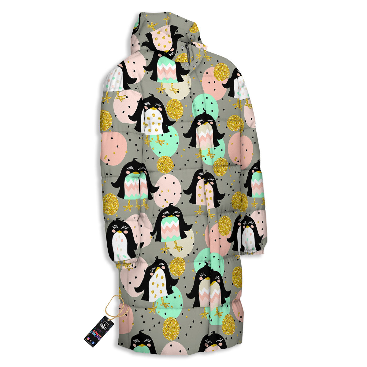 Penguin Pink Polka Print Pattern Long Down Jacket-grizzshop