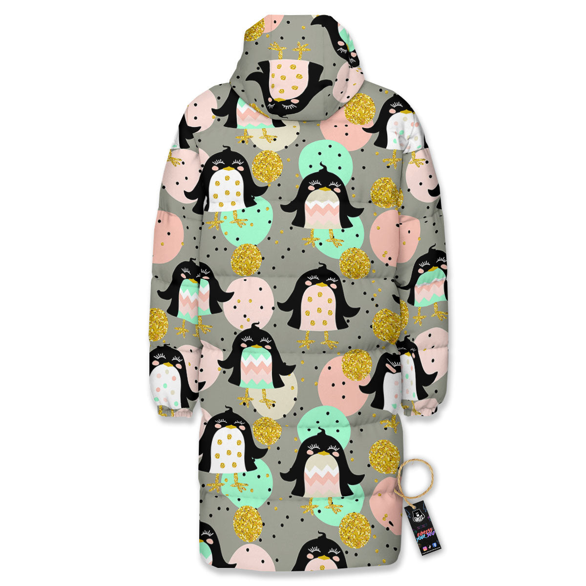 Penguin Pink Polka Print Pattern Long Down Jacket-grizzshop