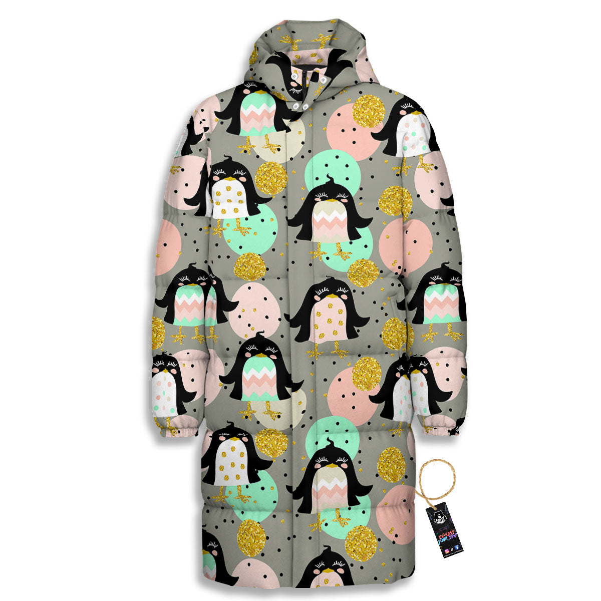 Penguin Pink Polka Print Pattern Long Down Jacket-grizzshop