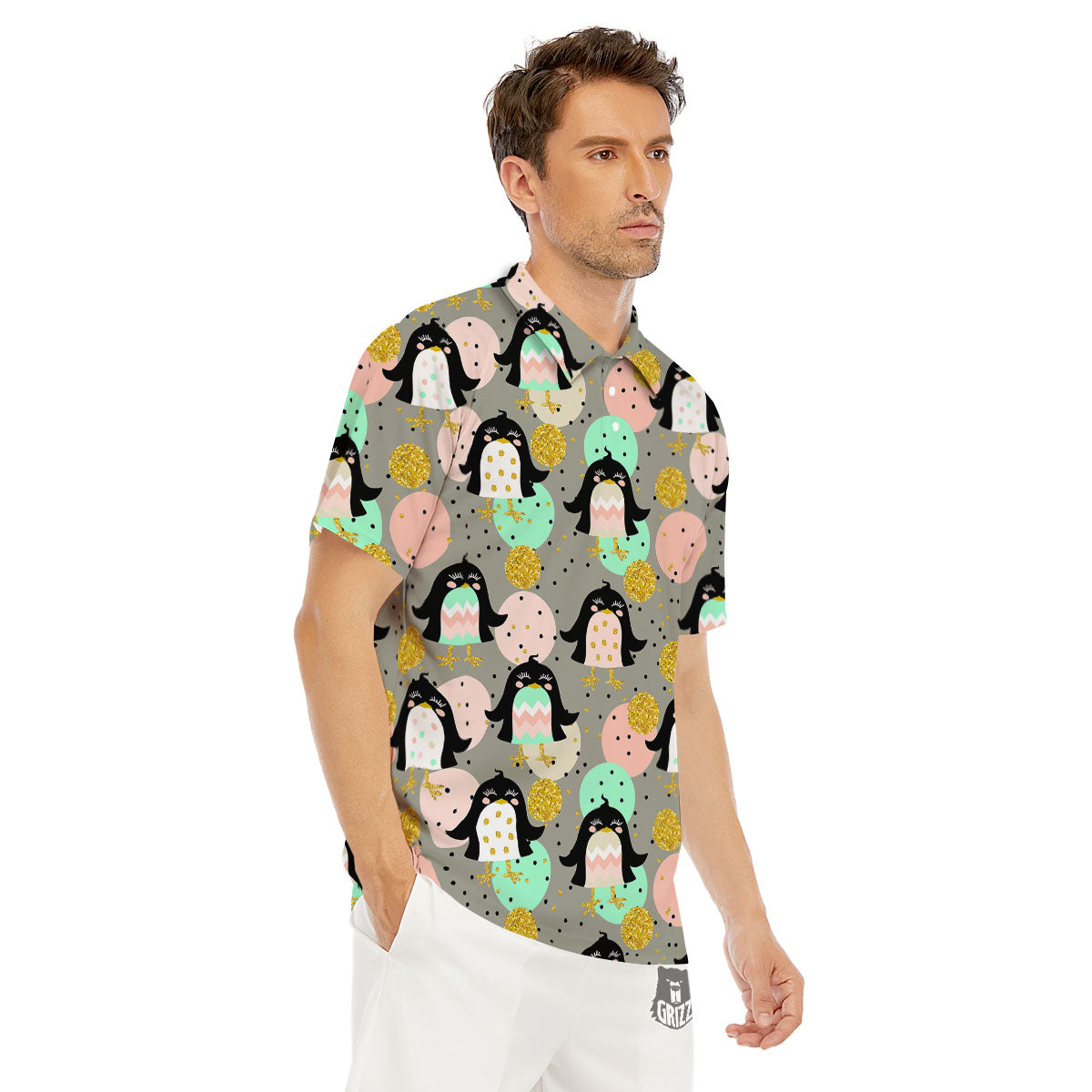 Penguin Pink Polka Print Pattern Men's Golf Shirts-grizzshop