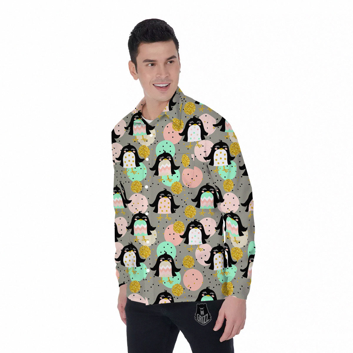 Penguin Pink Polka Print Pattern Men's Long Sleeve Shirts-grizzshop