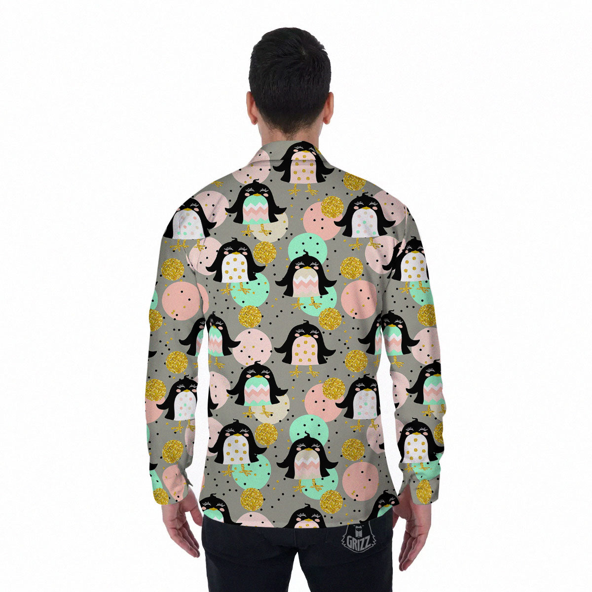 Penguin Pink Polka Print Pattern Men's Long Sleeve Shirts-grizzshop
