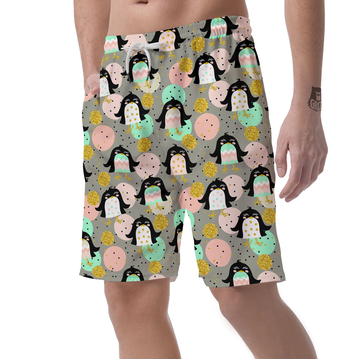 Penguin Pink Polka Print Pattern Men's Shorts-grizzshop