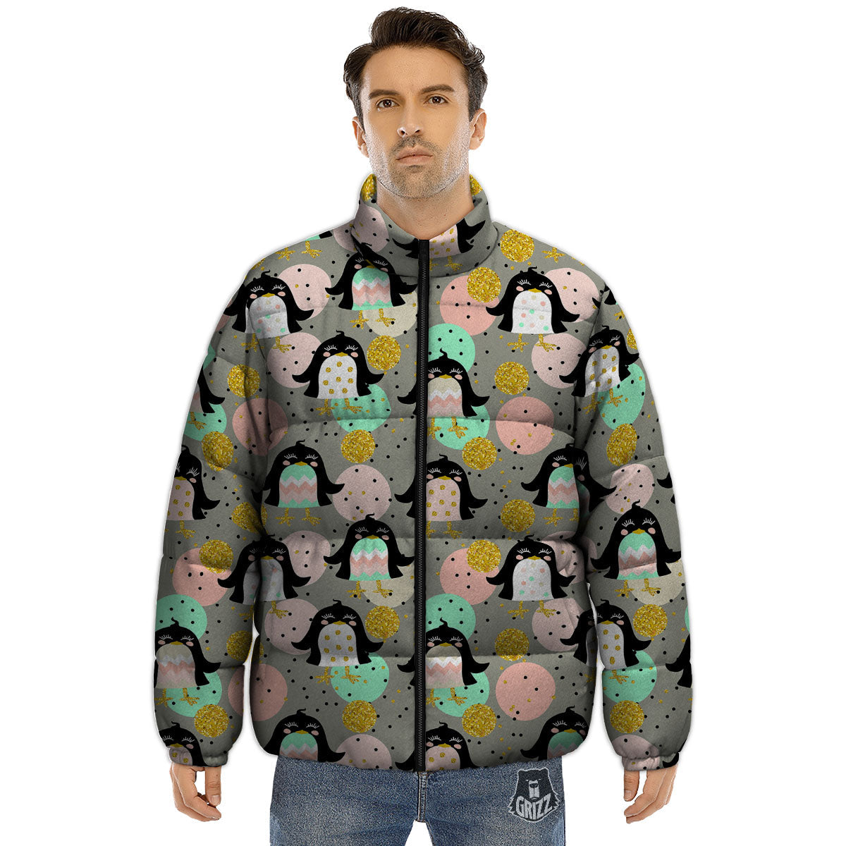 Penguin Pink Polka Print Pattern Puffer Jacket-grizzshop