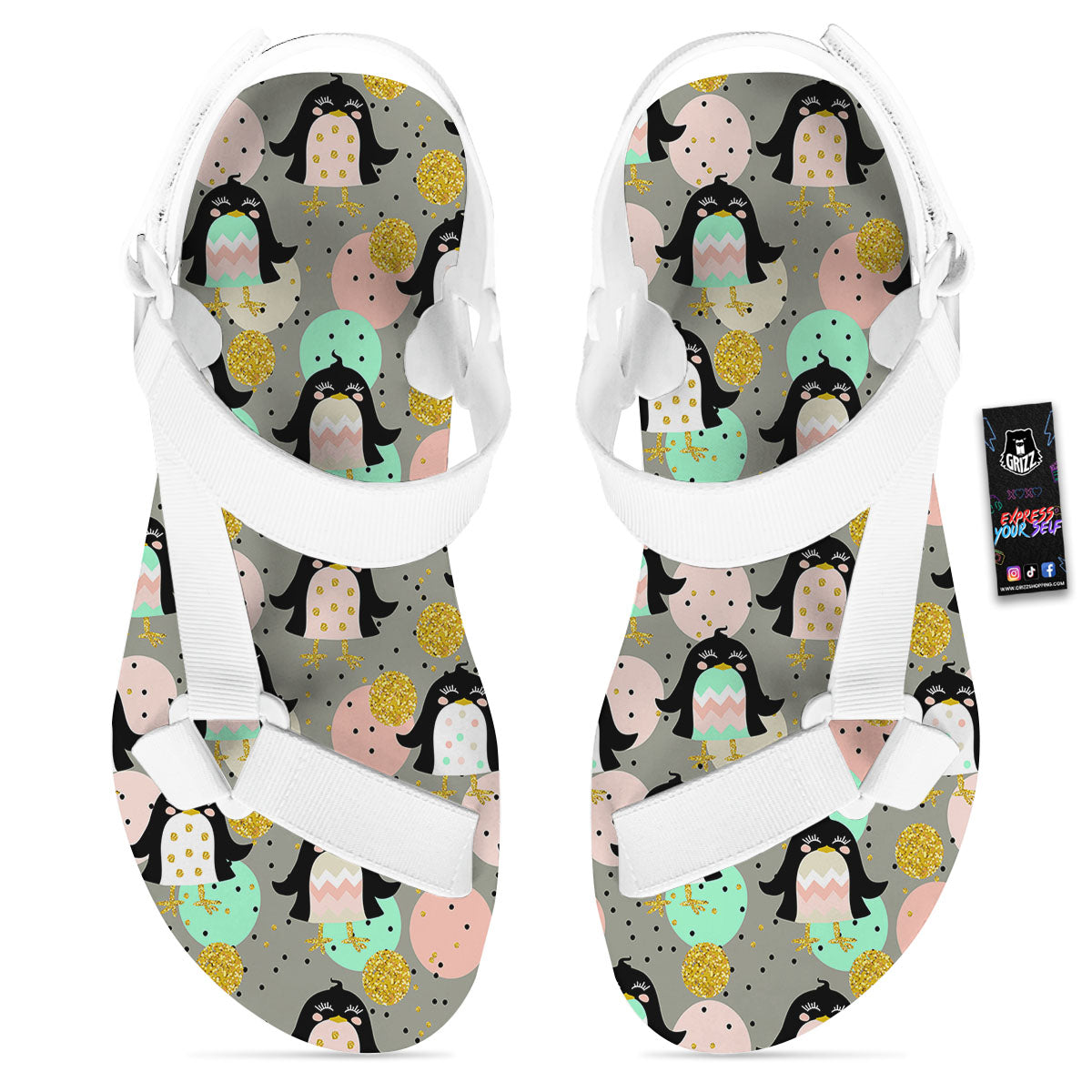 Penguin Pink Polka Print Pattern White Open Toe Sandals-grizzshop