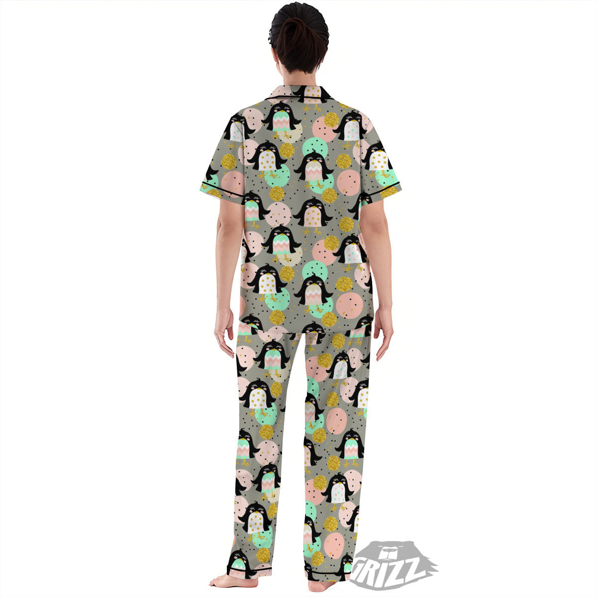 Penguin Pink Polka Print Pattern Women's Pajamas Set-grizzshop