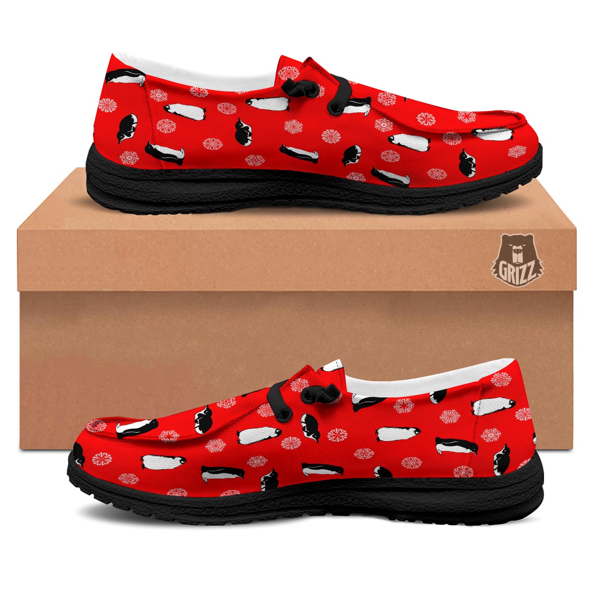 Penguin Red Snow Print Pattern Black Loafers-grizzshop