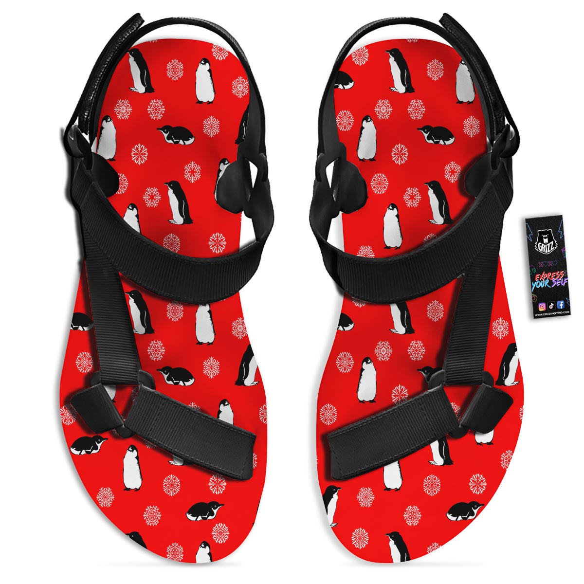 Penguin Red Snow Print Pattern Black Open Toe Sandals-grizzshop
