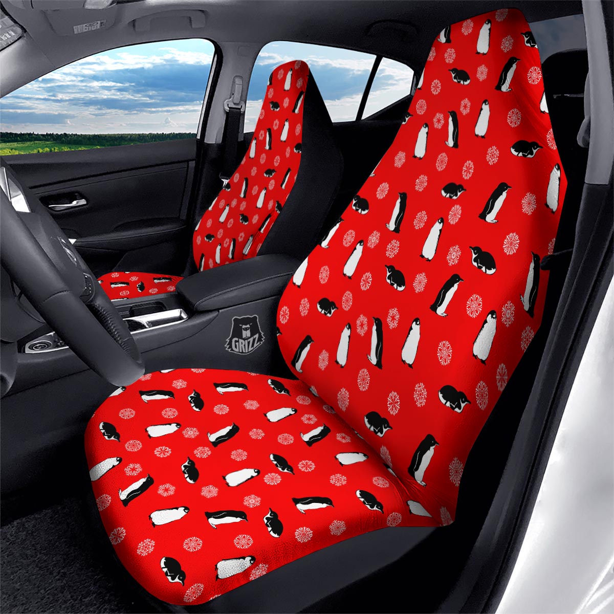 Penguin Red Snow Print Pattern Car Seat Covers-grizzshop