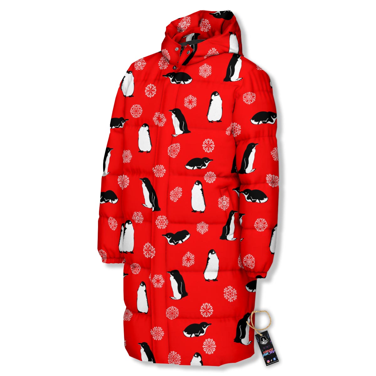 Penguin Red Snow Print Pattern Long Down Jacket-grizzshop