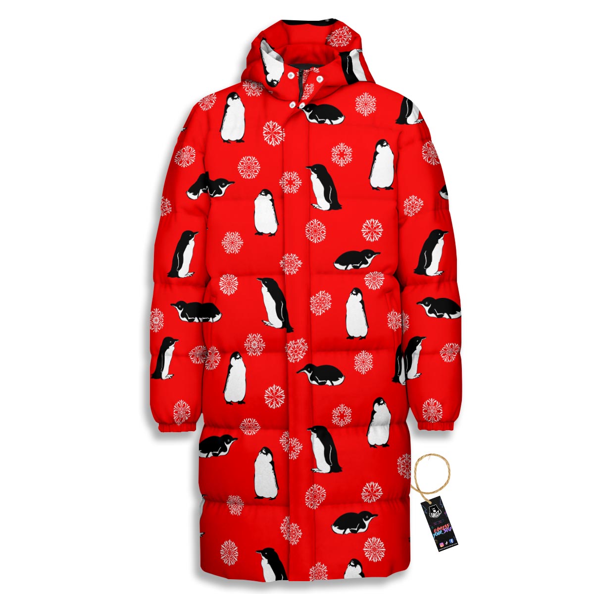 Penguin Red Snow Print Pattern Long Down Jacket-grizzshop
