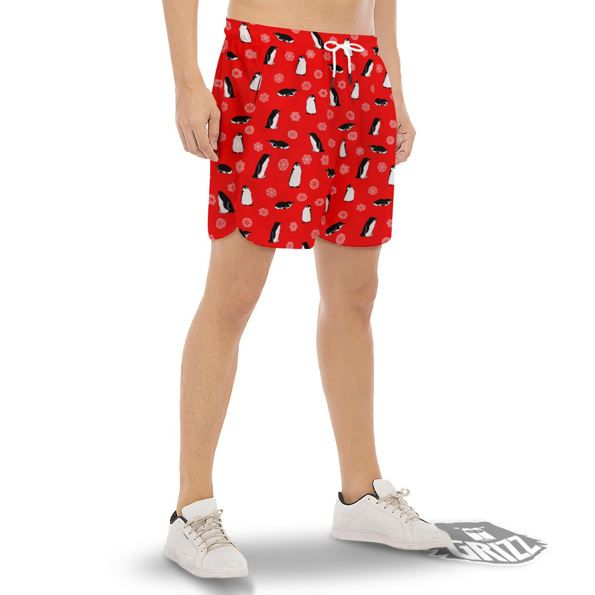 Penguin Red Snow Print Pattern Men's Gym Shorts-grizzshop