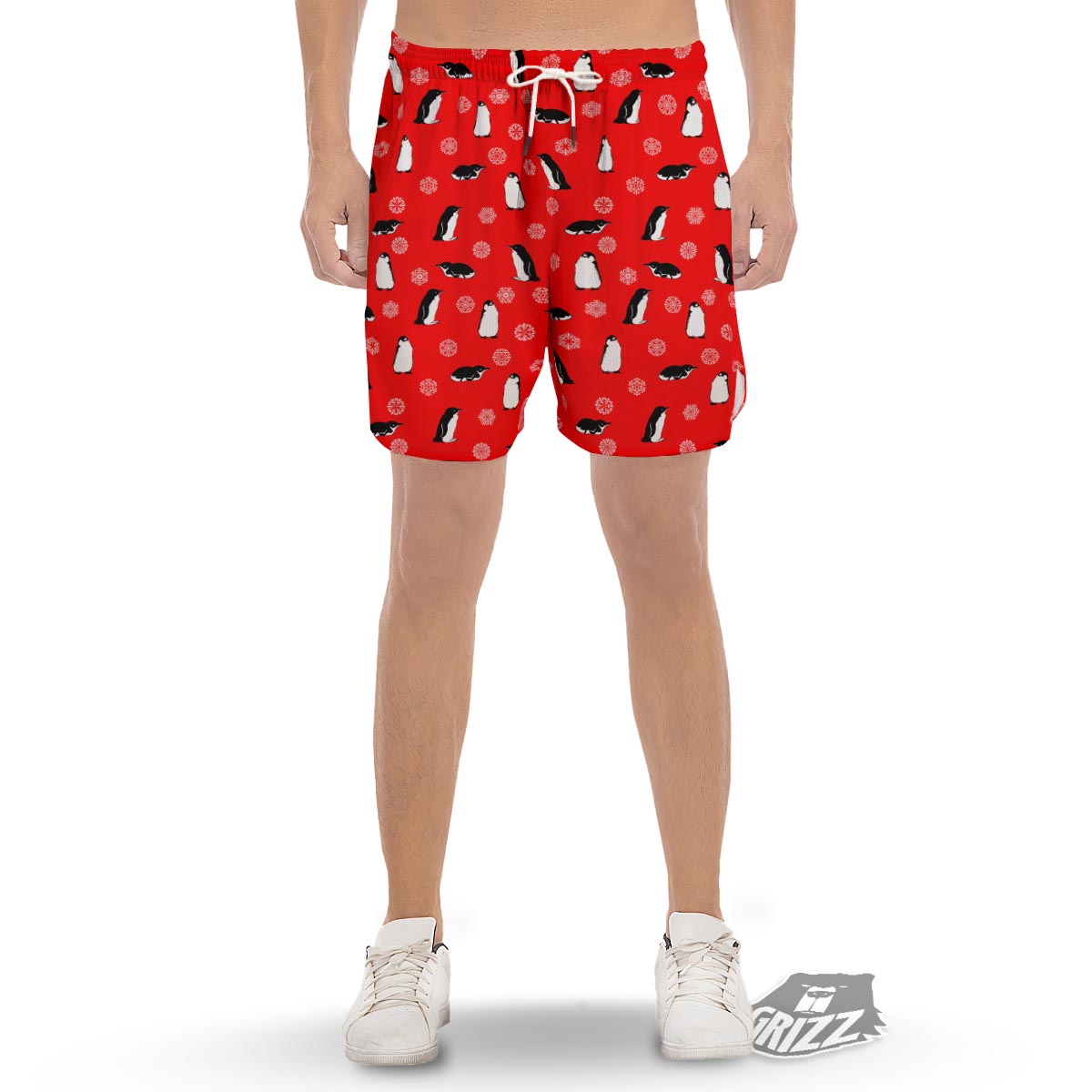 Penguin Red Snow Print Pattern Men's Gym Shorts-grizzshop