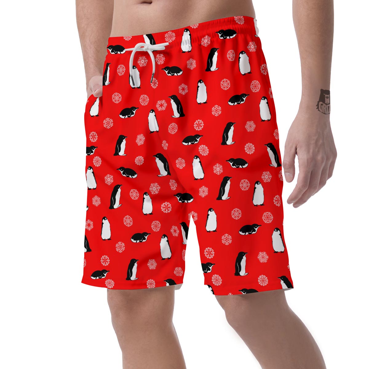 Penguin Red Snow Print Pattern Men's Shorts-grizzshop
