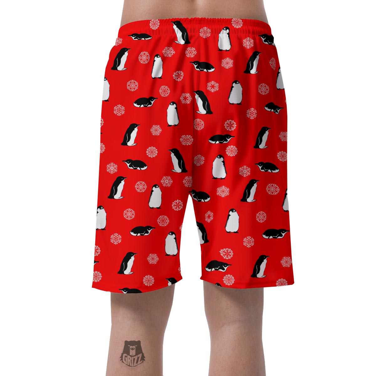 Penguin Red Snow Print Pattern Men's Shorts-grizzshop