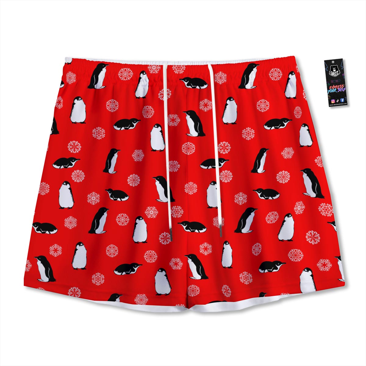 Penguin Red Snow Print Pattern Mesh Shorts
