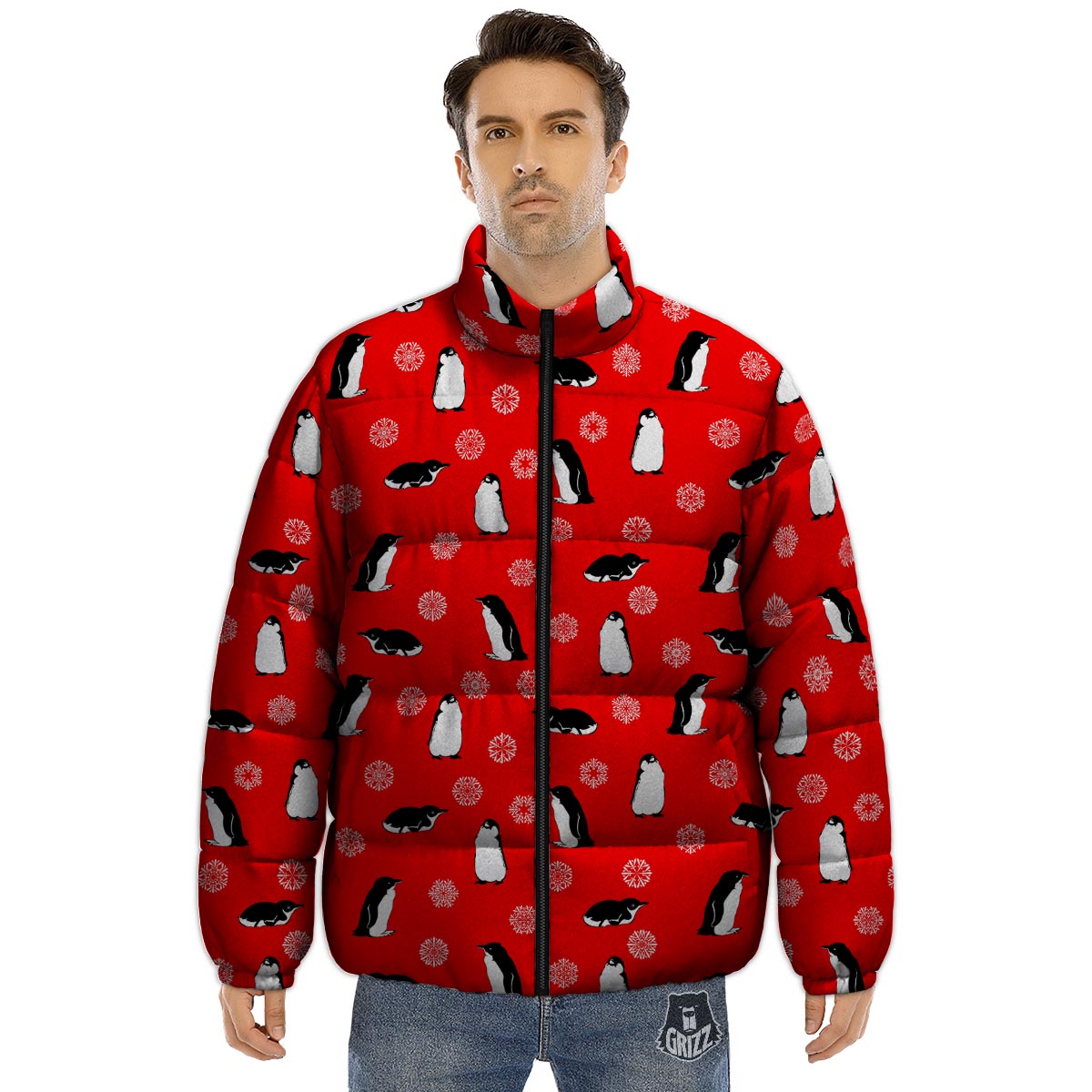 Penguin Red Snow Print Pattern Puffer Jacket-grizzshop