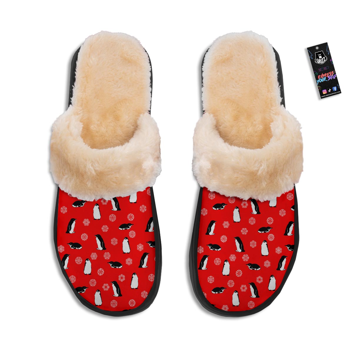 Penguin Red Snow Print Pattern Slippers-grizzshop