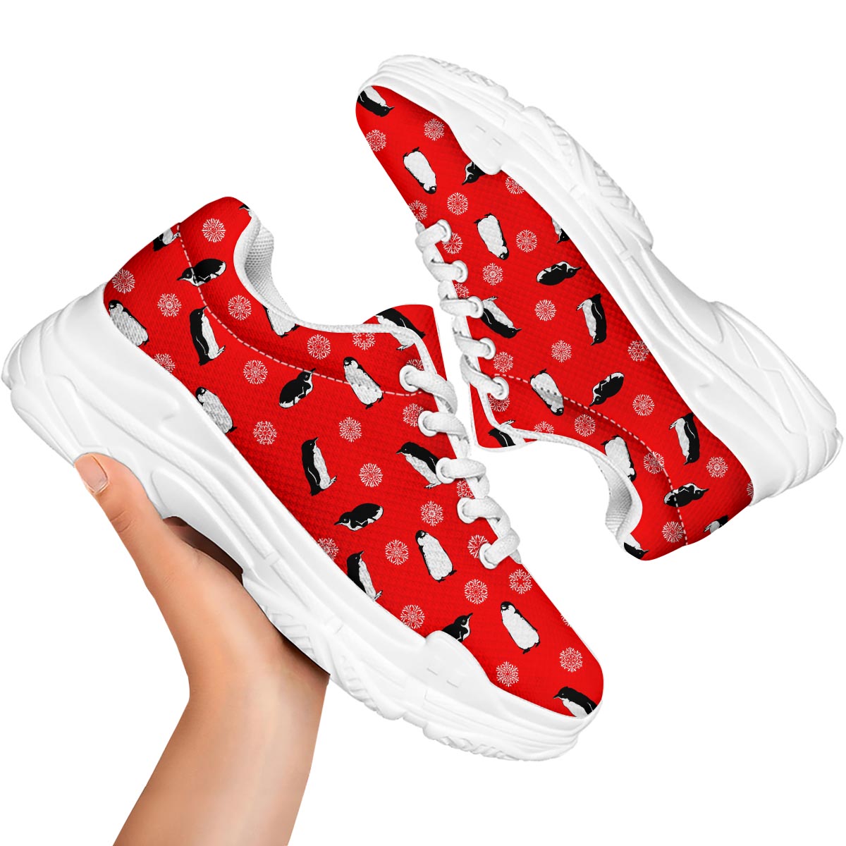 Penguin Red Snow Print Pattern White Chunky Shoes-grizzshop