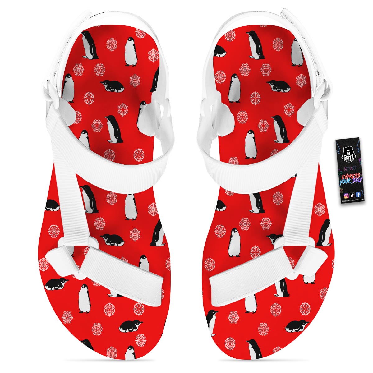 Penguin Red Snow Print Pattern White Open Toe Sandals-grizzshop