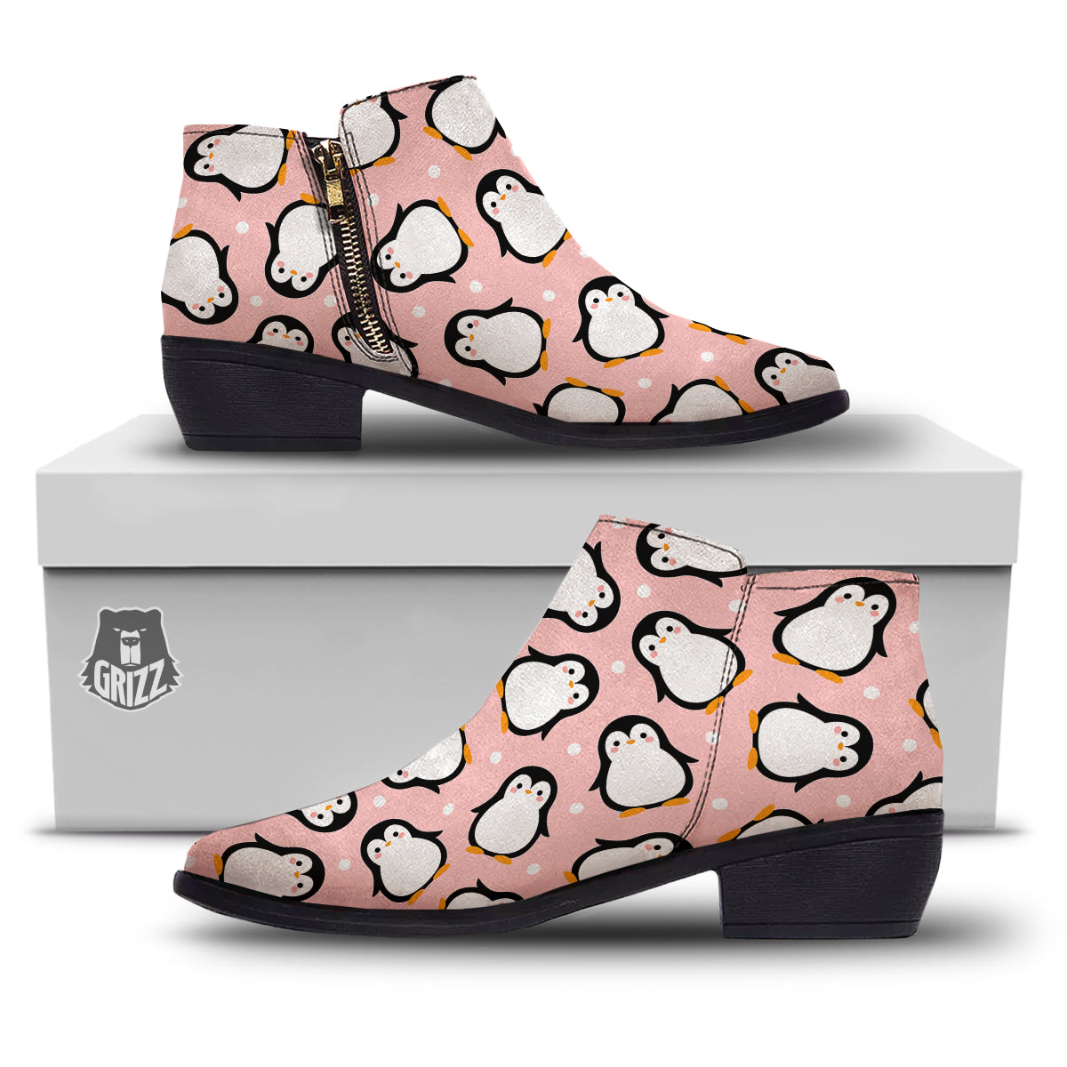 Penguin Xmas Print Pattern Ankle Boots-grizzshop