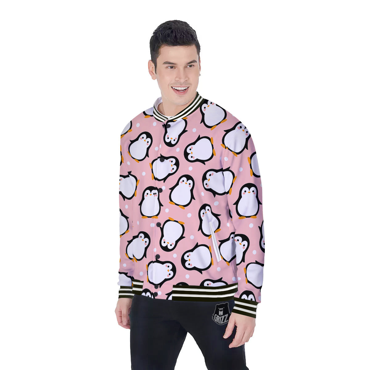 Penguin Xmas Print Pattern Baseball Jacket-grizzshop