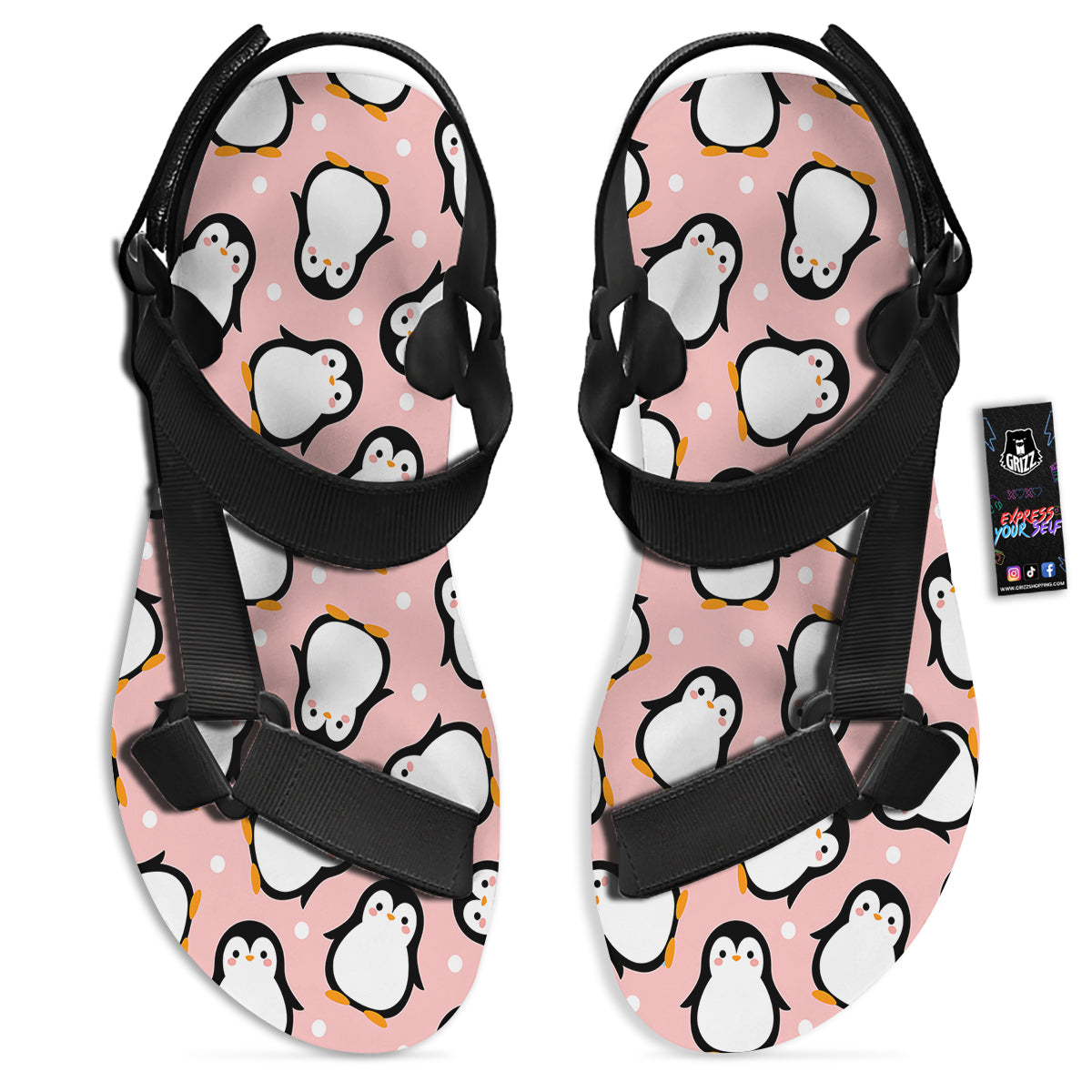 Penguin Xmas Print Pattern Black Open Toe Sandals-grizzshop