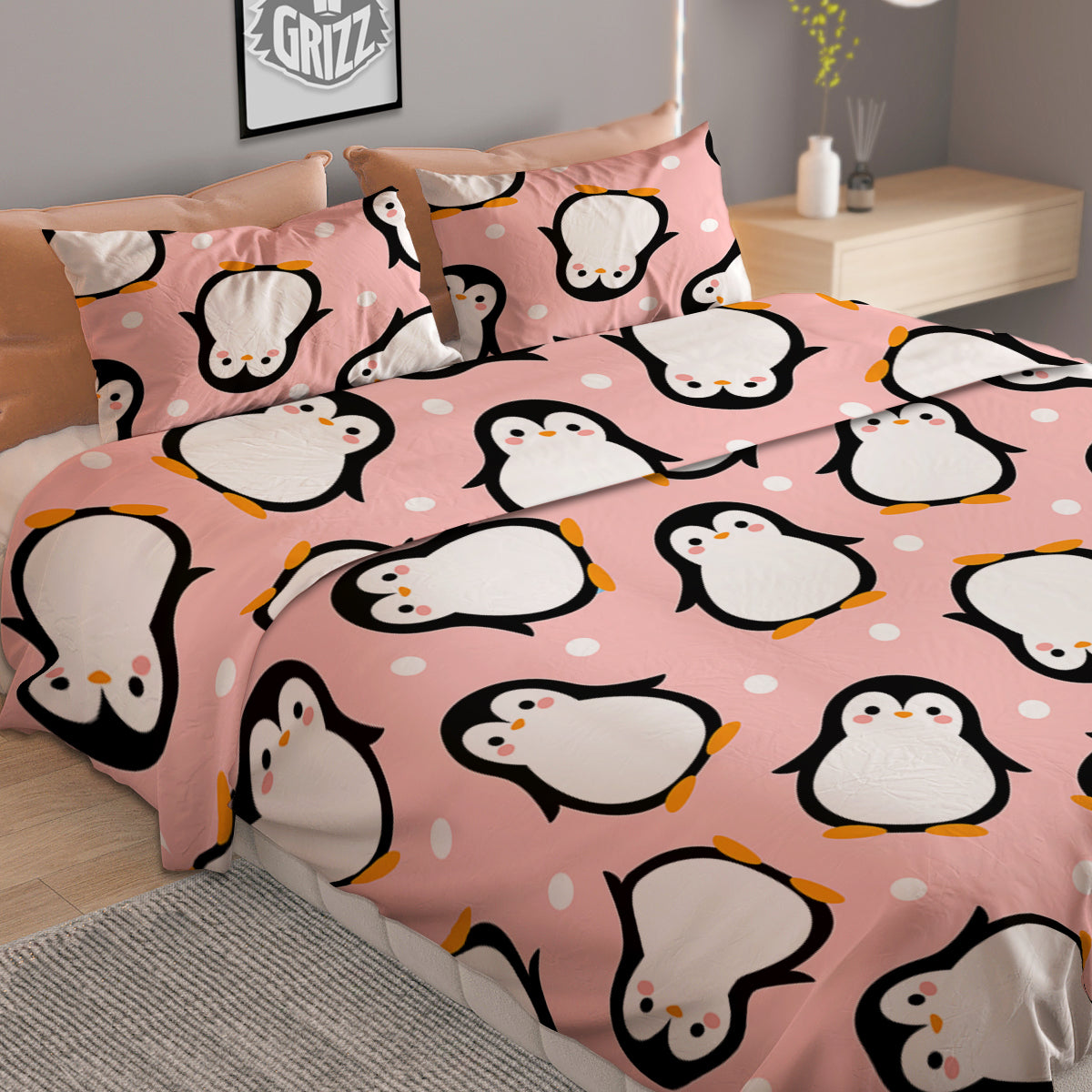 Penguin Xmas Print Pattern Duvet Cover Bedding Set