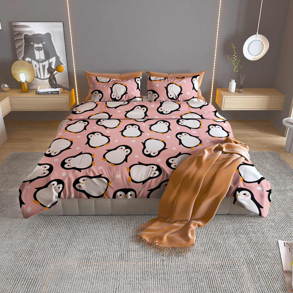 Penguin Xmas Print Pattern Duvet Cover Bedding Set