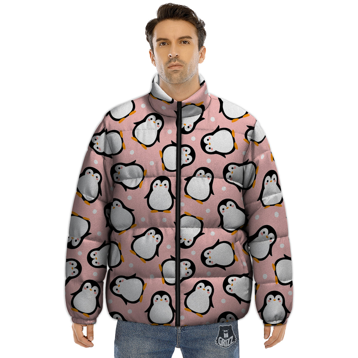 Penguin Xmas Print Pattern Puffer Jacket-grizzshop