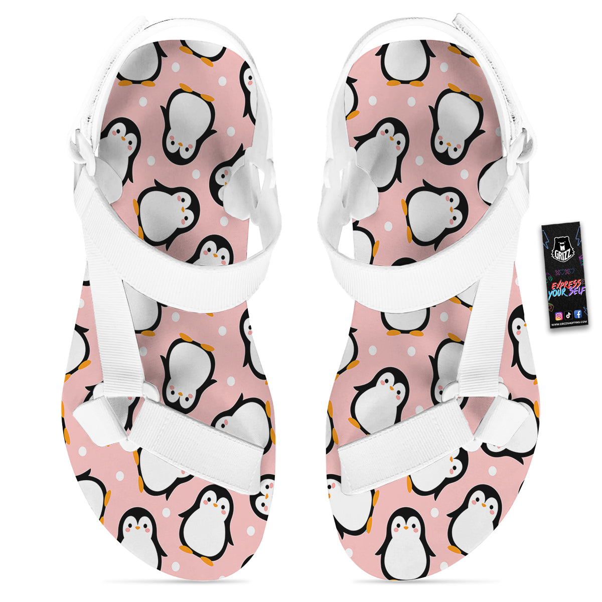 Penguin Xmas Print Pattern White Open Toe Sandals-grizzshop