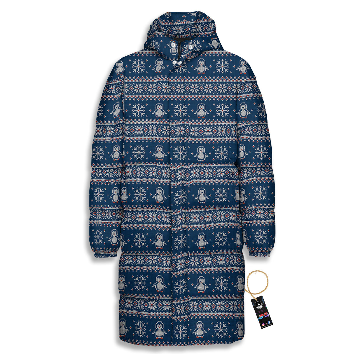 Penguin Knitted Christmas Print Long Down Jacket