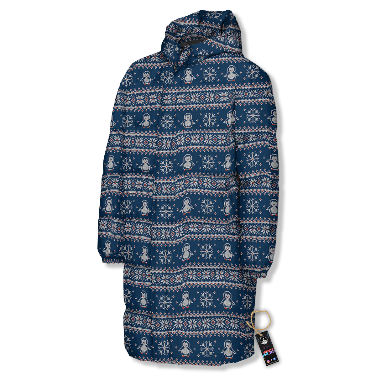 Penguin Knitted Christmas Print Long Down Jacket