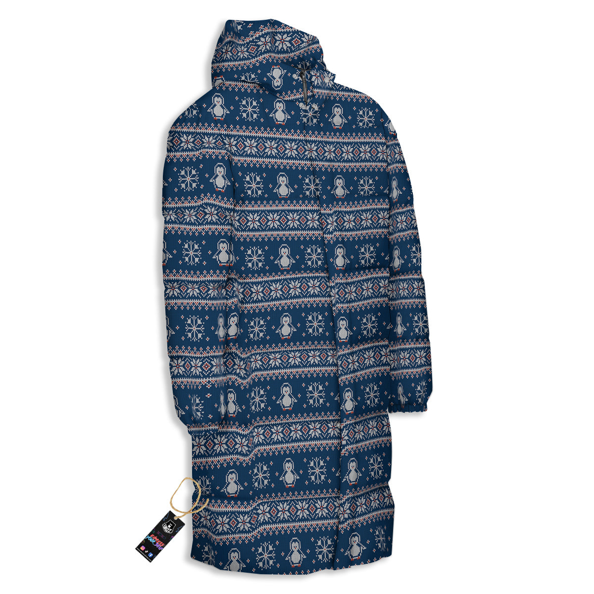 Penguin Knitted Christmas Print Long Down Jacket