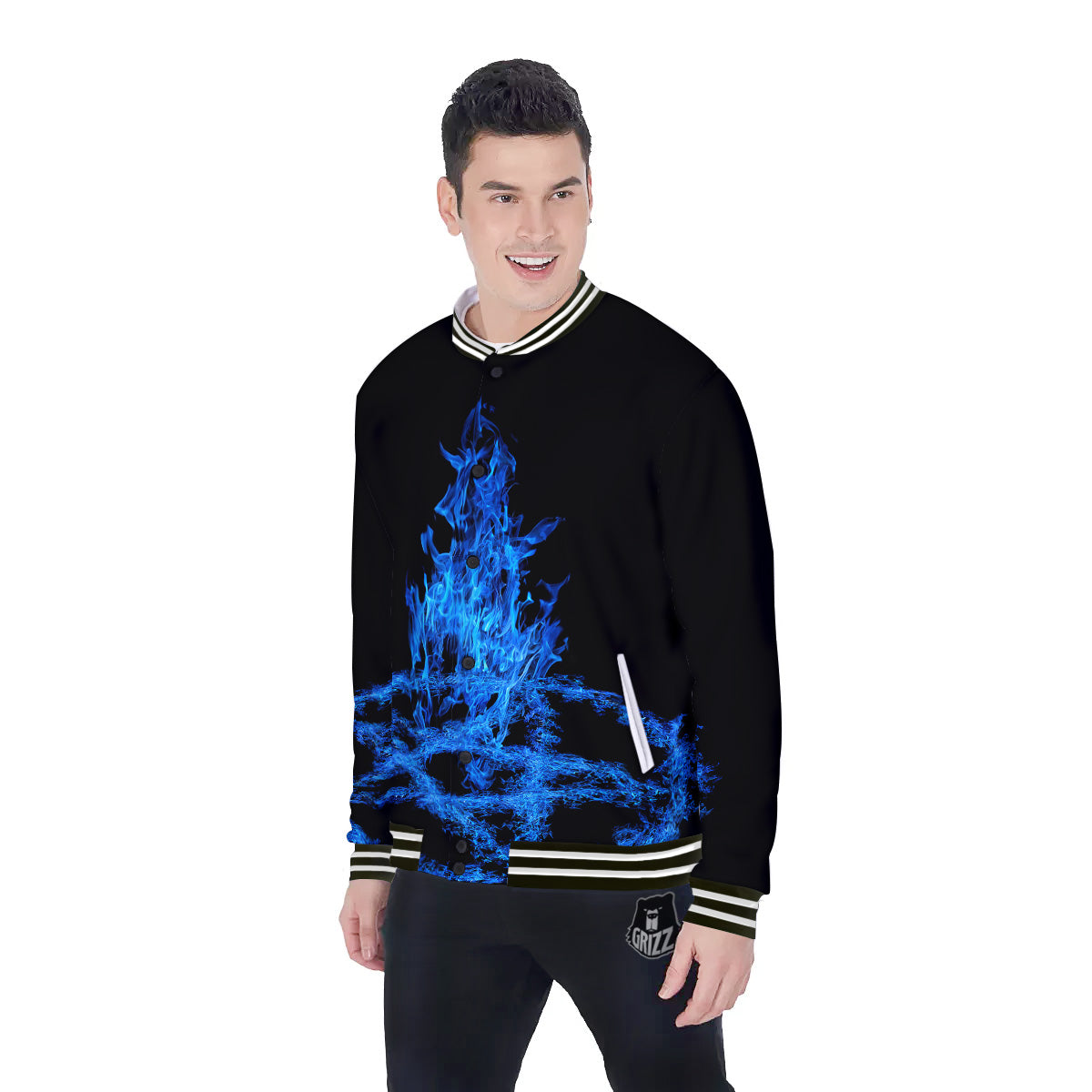 Pentagram Blue Flame Print Baseball Jacket-grizzshop