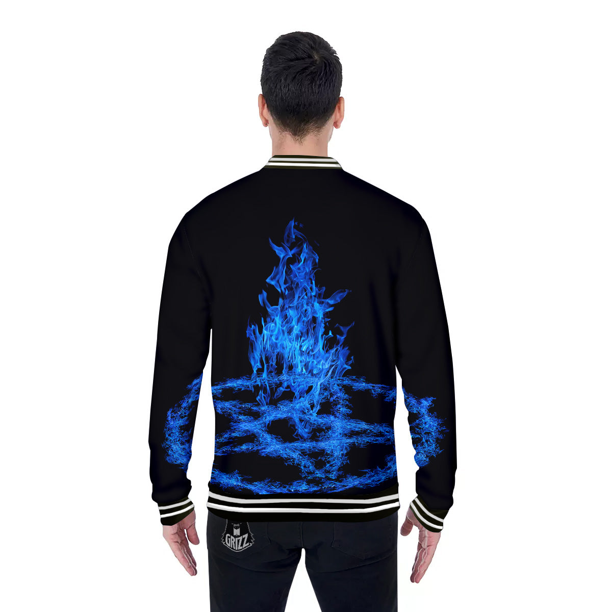 Pentagram Blue Flame Print Baseball Jacket-grizzshop