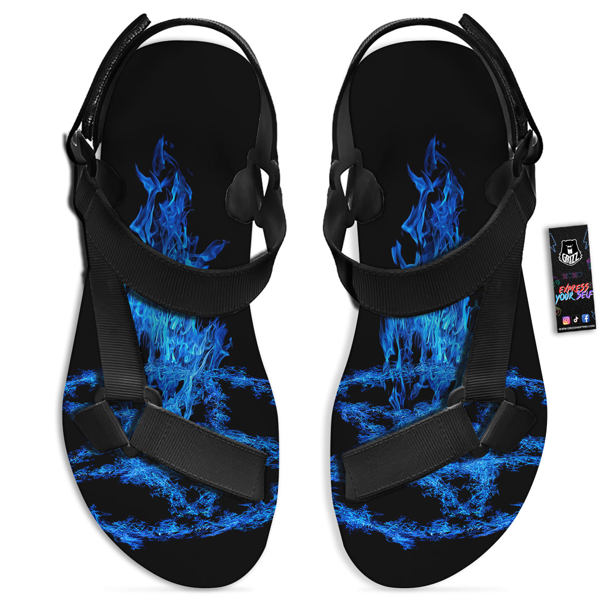 Pentagram Blue Flame Print Black Open Toe Sandals-grizzshop