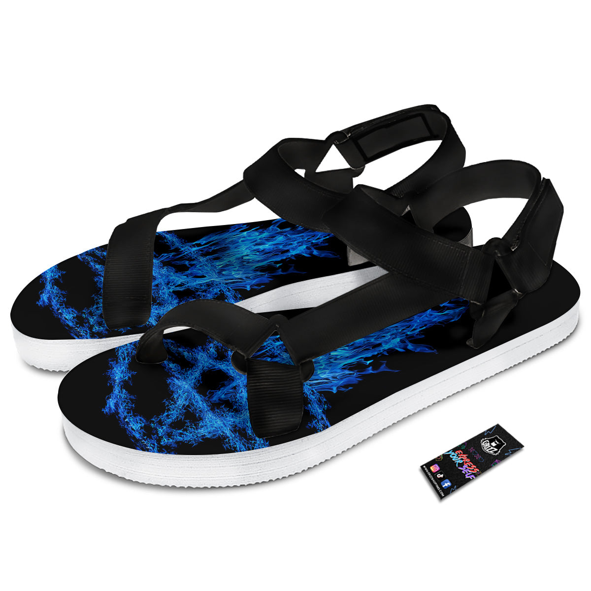 Pentagram Blue Flame Print Black Open Toe Sandals-grizzshop