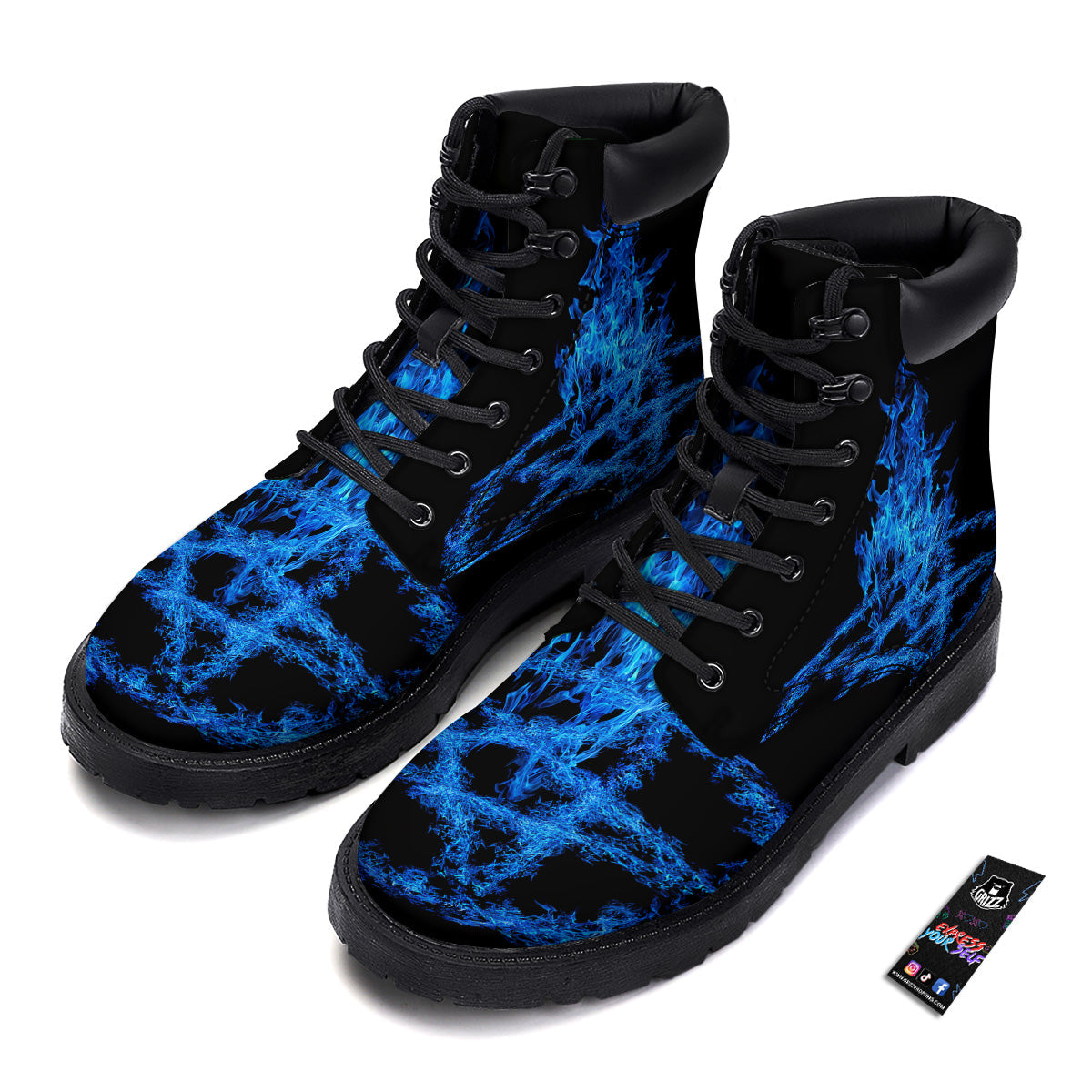Pentagram Blue Flame Print Boots-grizzshop