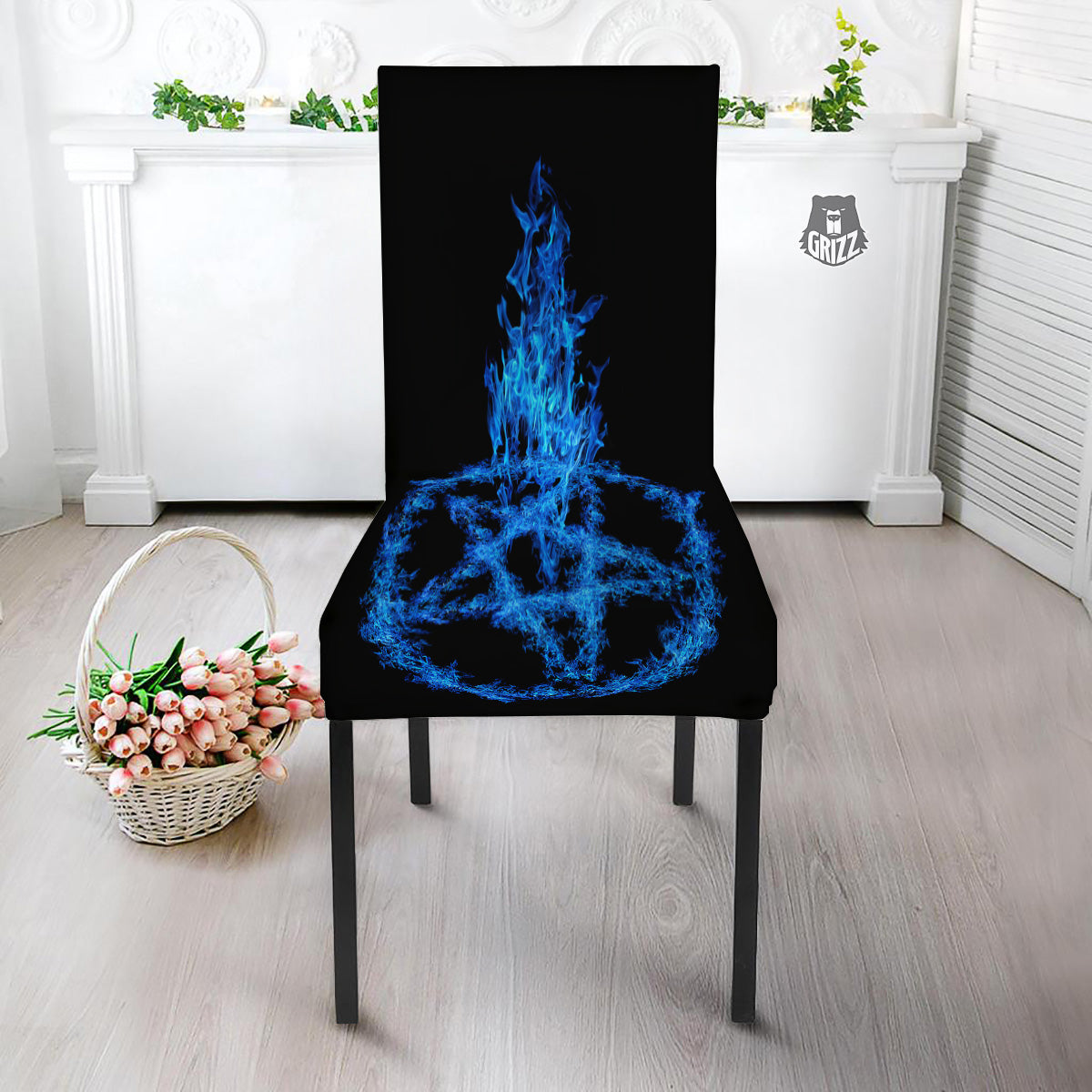 Pentagram Blue Flame Print Dining Chair Slipcover-grizzshop