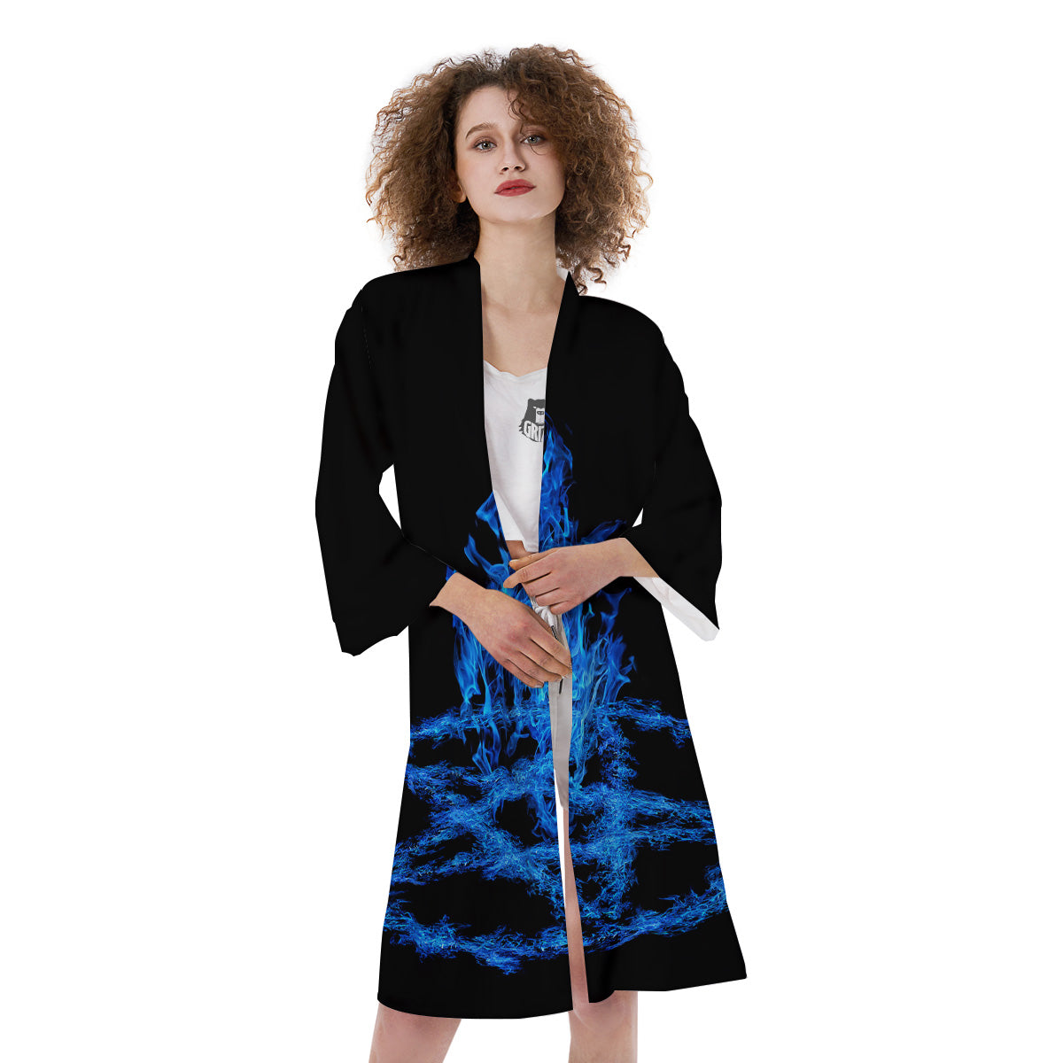 Pentagram Blue Flame Print Kimono-grizzshop