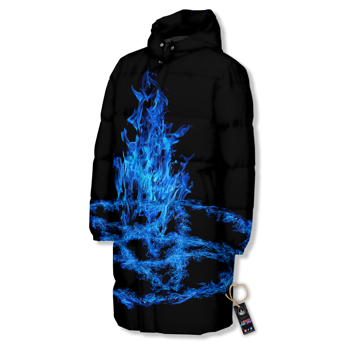 Pentagram Blue Flame Print Long Down Jacket-grizzshop