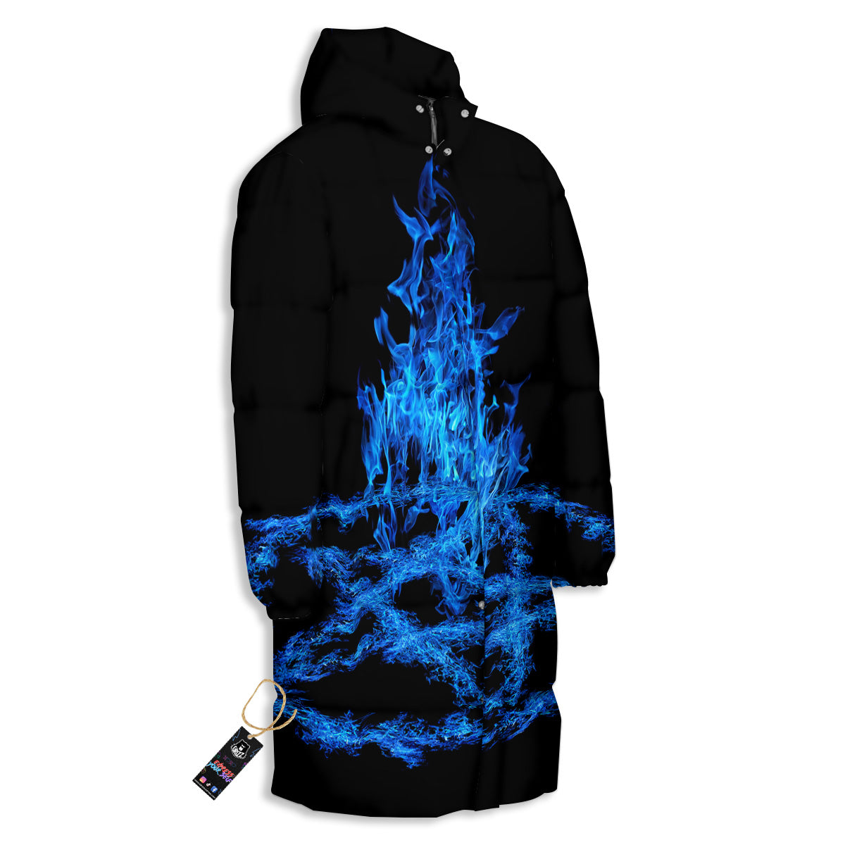 Pentagram Blue Flame Print Long Down Jacket-grizzshop
